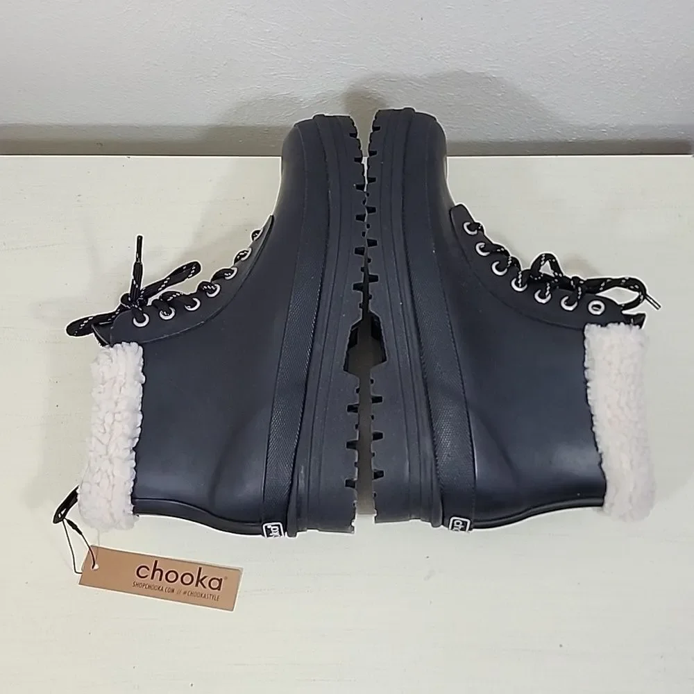 Chooka Men waterproof black tie up boots with sherling fur cuff NWT Size 10